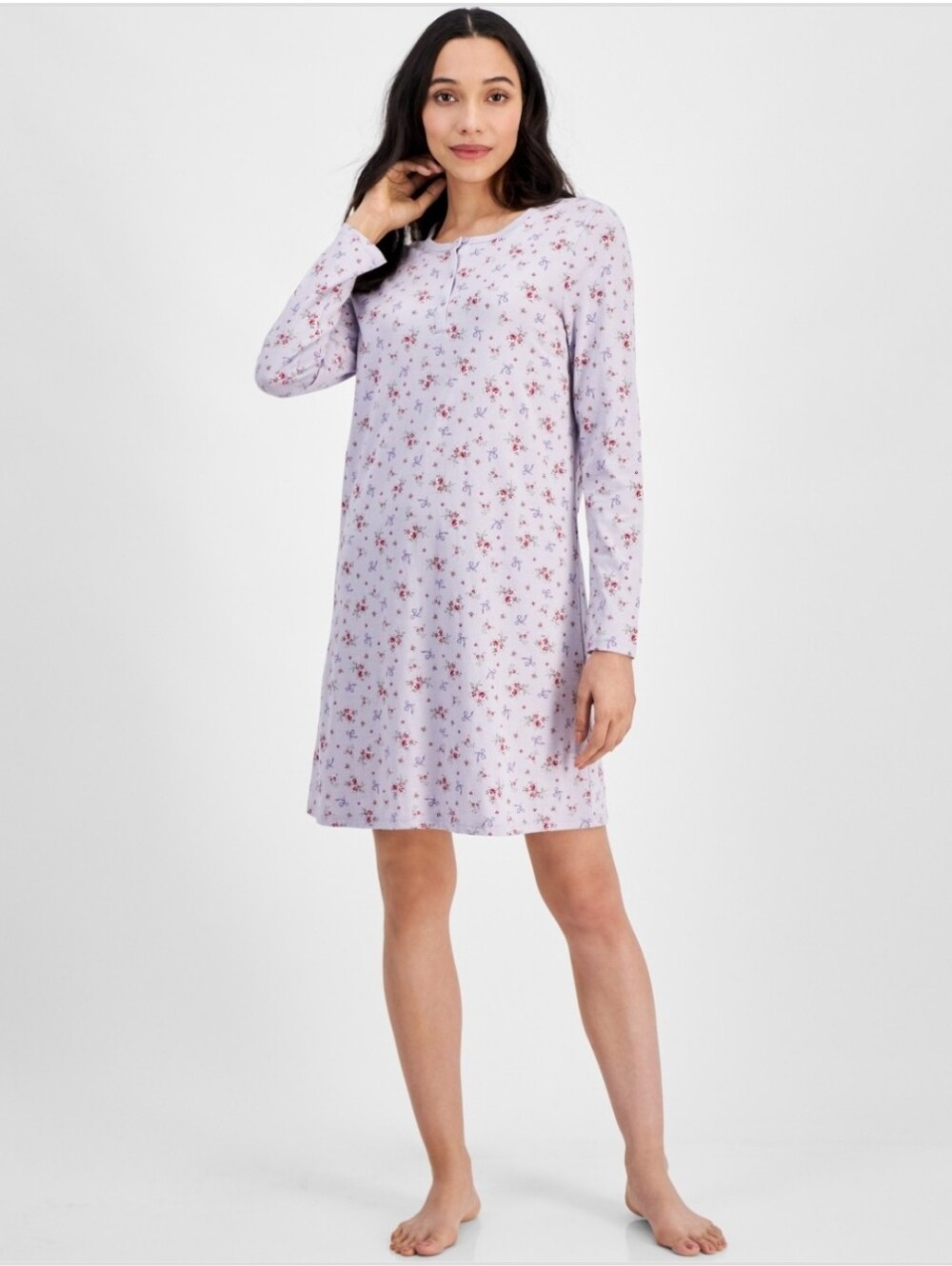 Charter Club Women's Cotton Printed Long Sleeve Henley Sleepshirt